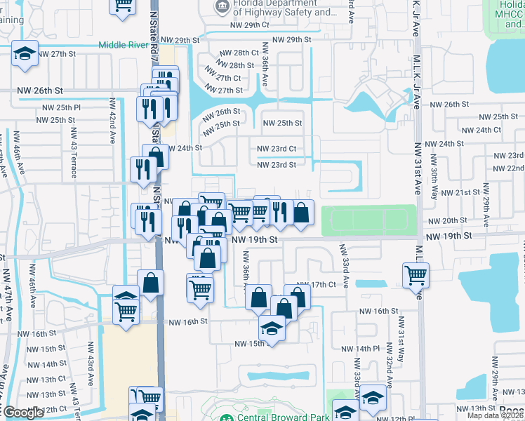 map of restaurants, bars, coffee shops, grocery stores, and more near 3700 Northwest 21st Street in Lauderdale Lakes