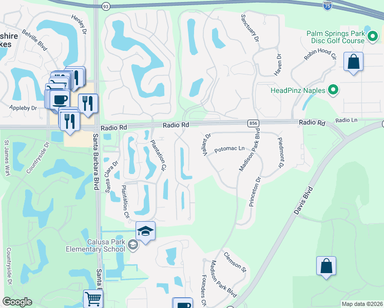 map of restaurants, bars, coffee shops, grocery stores, and more near 155 Lady Palm Drive in Naples
