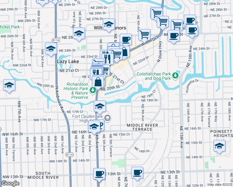 map of restaurants, bars, coffee shops, grocery stores, and more near 635 Kensington Place in Wilton Manors