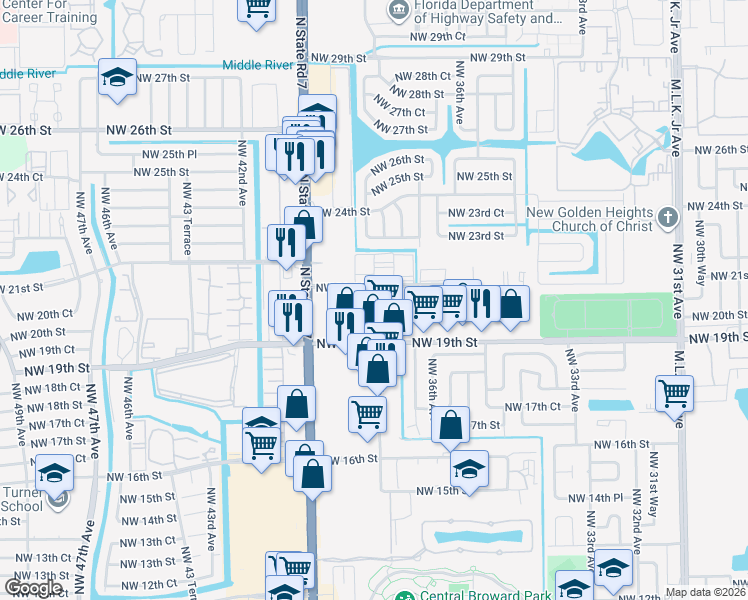 map of restaurants, bars, coffee shops, grocery stores, and more near 3850 Northwest 21st Street in Lauderdale Lakes