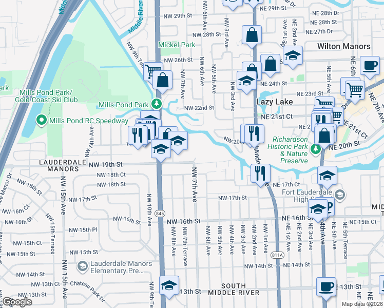 map of restaurants, bars, coffee shops, grocery stores, and more near 721 Northwest 19th Street in Fort Lauderdale