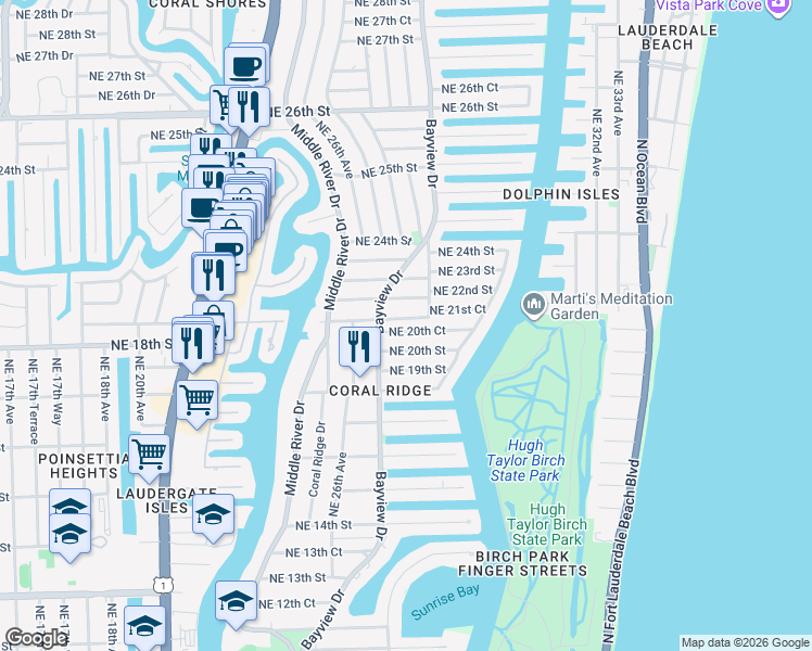 map of restaurants, bars, coffee shops, grocery stores, and more near 2727 Northeast 20th Court in Fort Lauderdale
