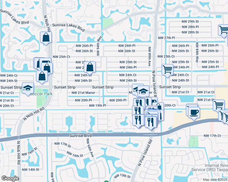 map of restaurants, bars, coffee shops, grocery stores, and more near 9331 Northwest 21st Manor in Sunrise