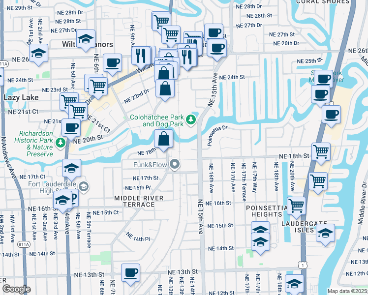 map of restaurants, bars, coffee shops, grocery stores, and more near 1963 Northeast 15th Avenue in Fort Lauderdale