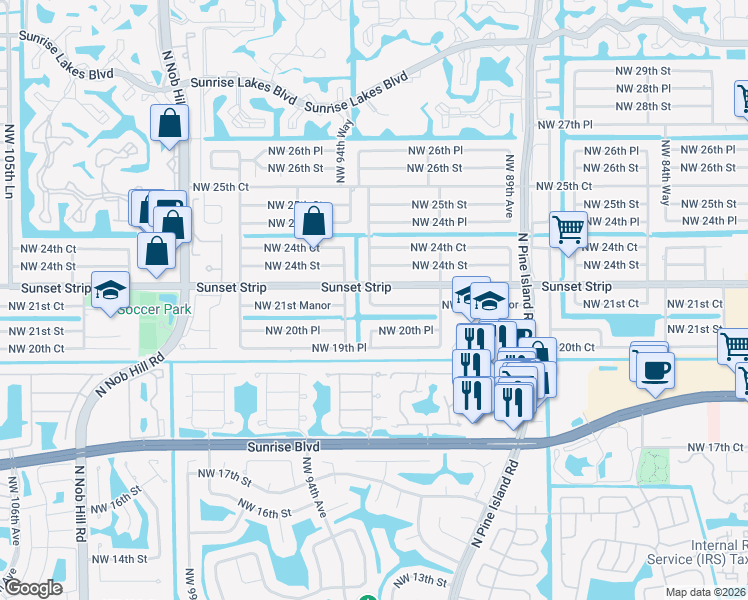 map of restaurants, bars, coffee shops, grocery stores, and more near 9340 Sunset Strip in Sunrise