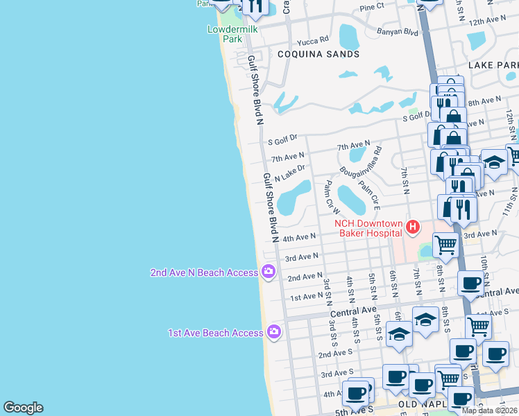 map of restaurants, bars, coffee shops, grocery stores, and more near 50 6th Avenue North in Naples