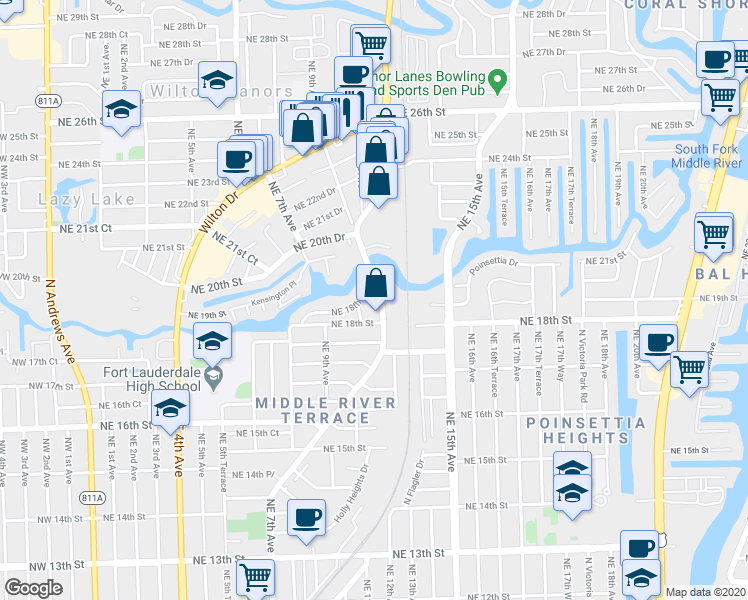 map of restaurants, bars, coffee shops, grocery stores, and more near 999 Northeast 18th Court in Fort Lauderdale