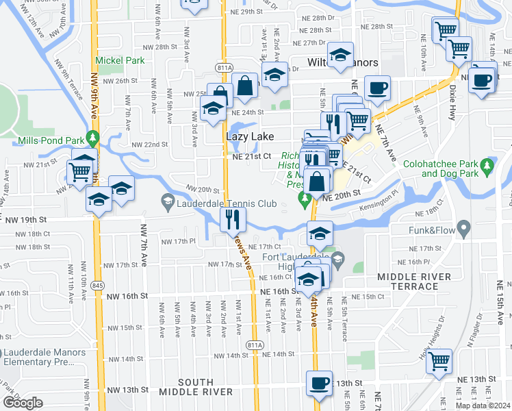 map of restaurants, bars, coffee shops, grocery stores, and more near 1920 Northeast 1st Terrace in Wilton Manors