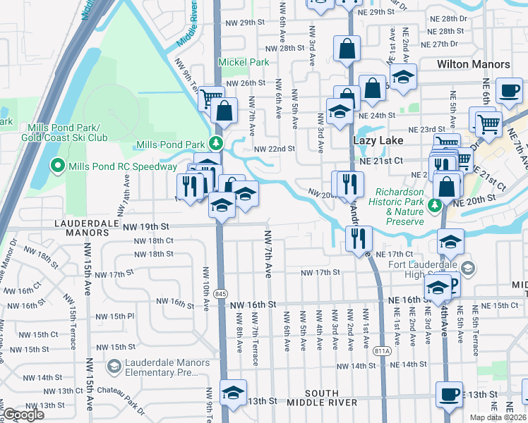 map of restaurants, bars, coffee shops, grocery stores, and more near 721 Northwest 19th Street in Fort Lauderdale