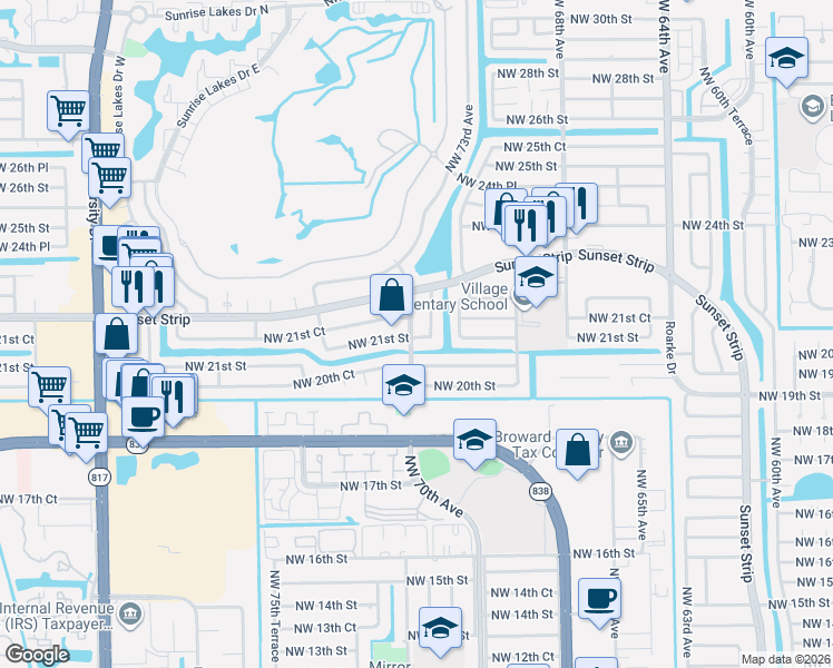 map of restaurants, bars, coffee shops, grocery stores, and more near 7430 Northwest 21st Court in Sunrise