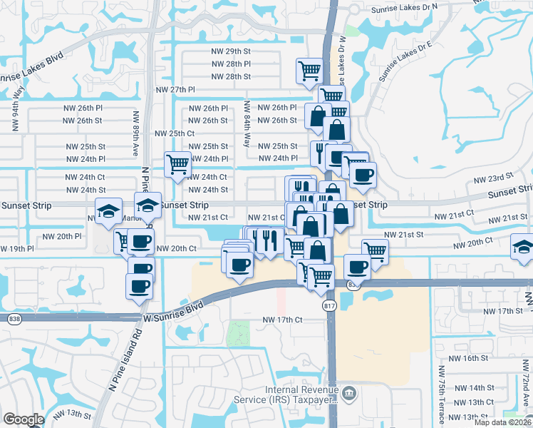 map of restaurants, bars, coffee shops, grocery stores, and more near 8380 Sunset Strip in Sunrise