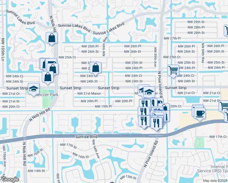 map of restaurants, bars, coffee shops, grocery stores, and more near 9340 Sunset Strip in Sunrise