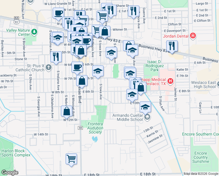 map of restaurants, bars, coffee shops, grocery stores, and more near 717 South Tennessee Avenue in Weslaco