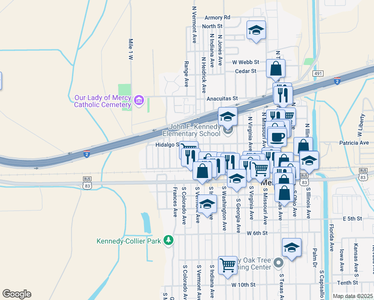 map of restaurants, bars, coffee shops, grocery stores, and more near 163 North Colorado Avenue in Mercedes