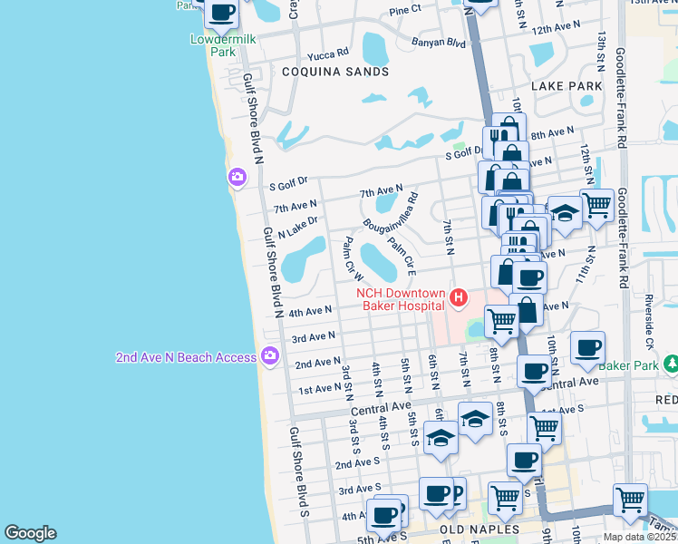 map of restaurants, bars, coffee shops, grocery stores, and more near 545 Palm Circle East in Naples
