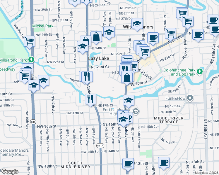 map of restaurants, bars, coffee shops, grocery stores, and more near 1930 Northeast 2nd Avenue in Wilton Manors