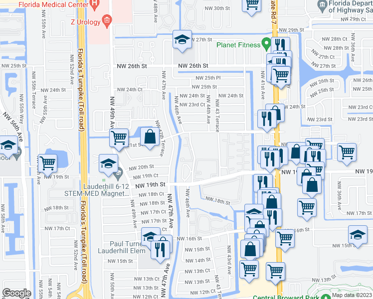 map of restaurants, bars, coffee shops, grocery stores, and more near in Lauderhill