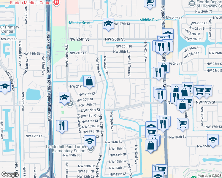 map of restaurants, bars, coffee shops, grocery stores, and more near 2075 Northwest 46th Avenue in Lauderhill