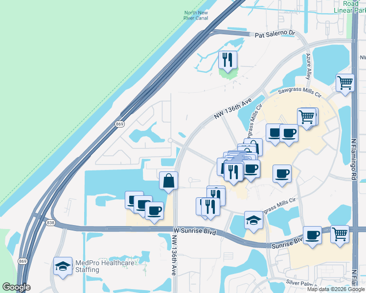 map of restaurants, bars, coffee shops, grocery stores, and more near 2089 Northwest 136th Avenue in Sunrise