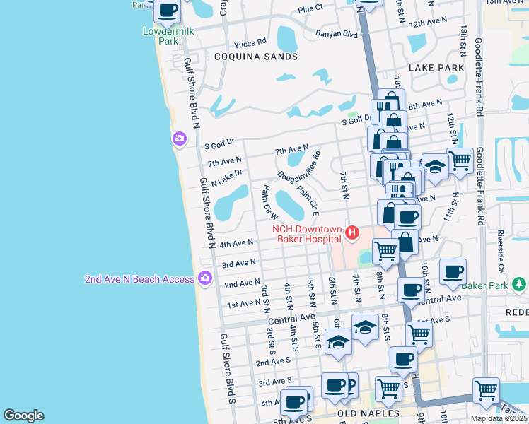 map of restaurants, bars, coffee shops, grocery stores, and more near 545 Palm Circle East in Naples