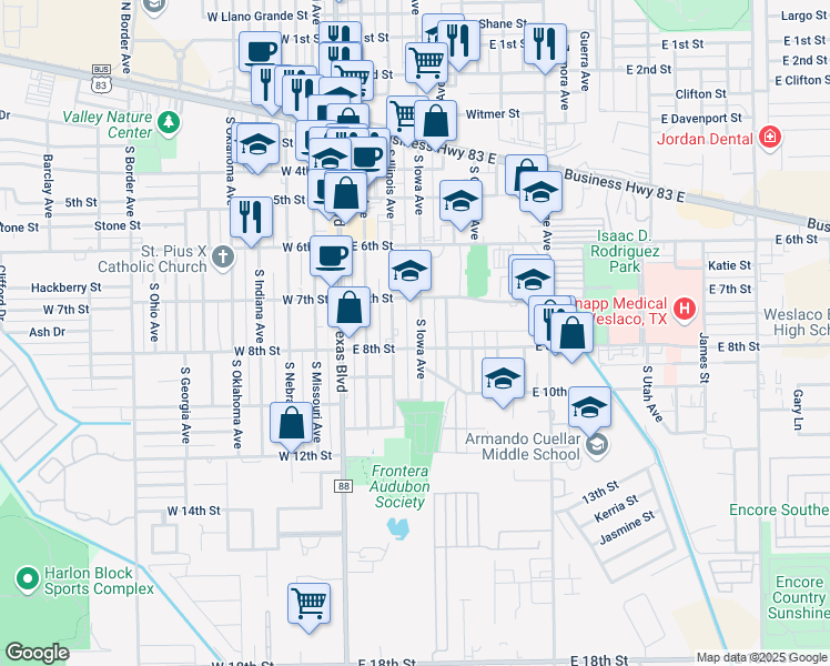 map of restaurants, bars, coffee shops, grocery stores, and more near 716 South Iowa Avenue in Weslaco