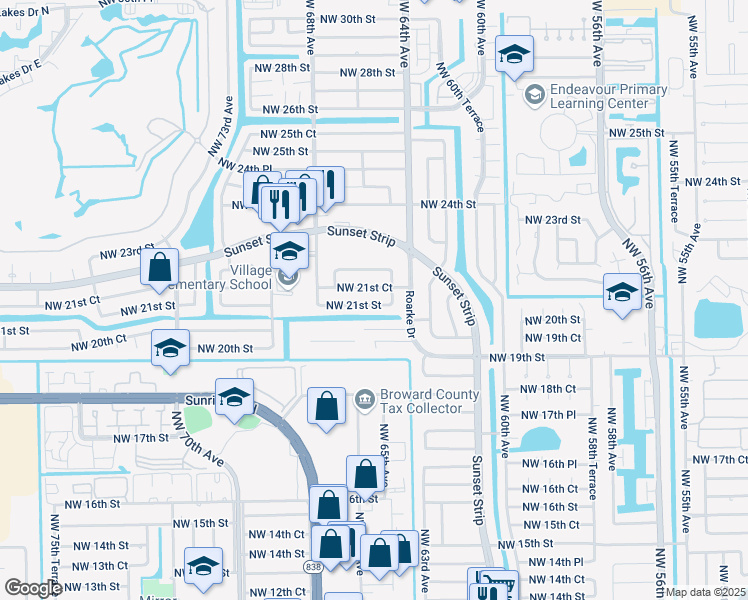 map of restaurants, bars, coffee shops, grocery stores, and more near 6501 Northwest 21st Street in Sunrise