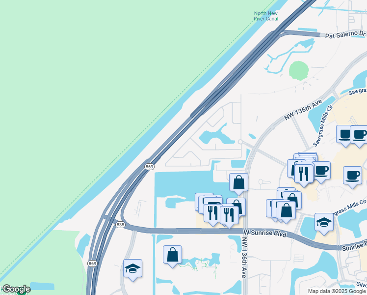 map of restaurants, bars, coffee shops, grocery stores, and more near 2250 Northwest 139th Avenue in Sunrise