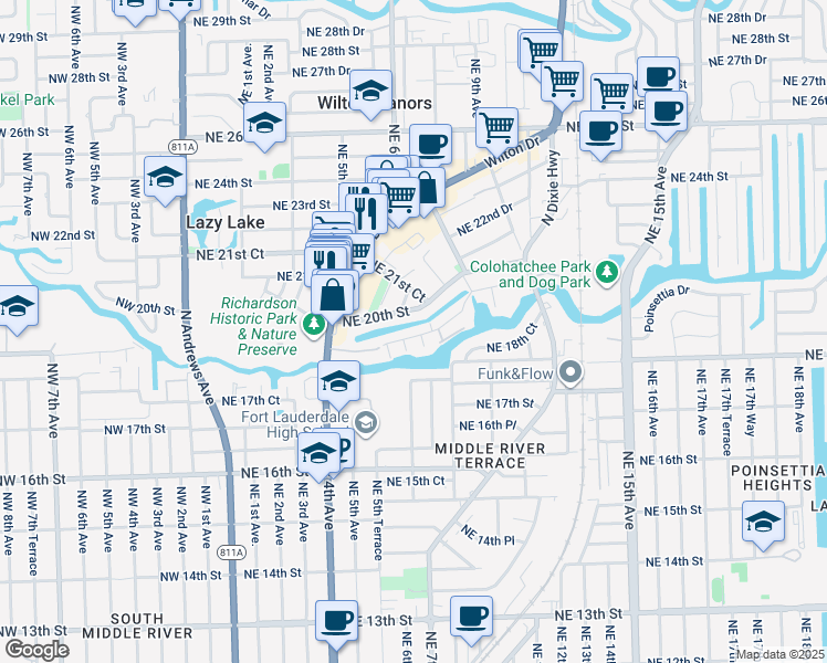 map of restaurants, bars, coffee shops, grocery stores, and more near 635 Kensington Place in Wilton Manors