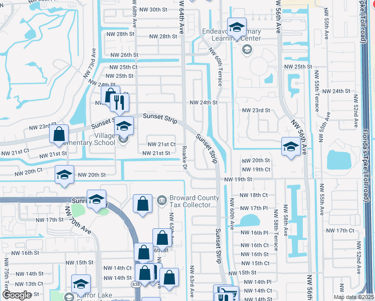 map of restaurants, bars, coffee shops, grocery stores, and more near 2110 Roarke Drive in Sunrise