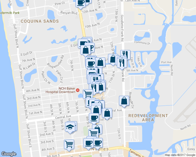 map of restaurants, bars, coffee shops, grocery stores, and more near 441 10th Street North in Naples