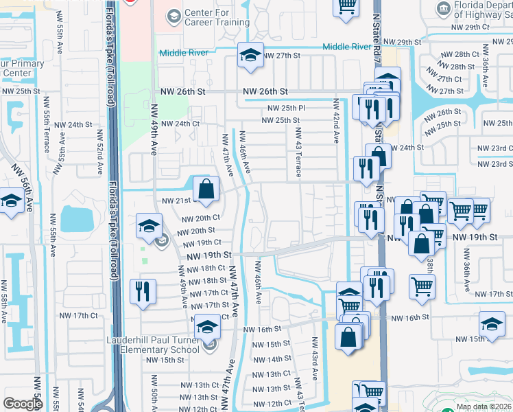 map of restaurants, bars, coffee shops, grocery stores, and more near in Lauderhill