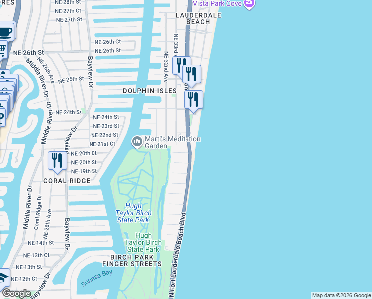 map of restaurants, bars, coffee shops, grocery stores, and more near 3329 Northeast 18th Street in Fort Lauderdale