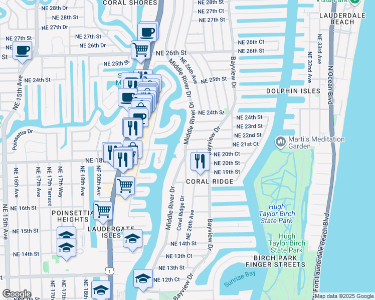 map of restaurants, bars, coffee shops, grocery stores, and more near 2100 Middle River Drive in Fort Lauderdale