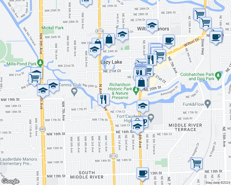 map of restaurants, bars, coffee shops, grocery stores, and more near 1930 Northeast 2nd Avenue in Wilton Manors
