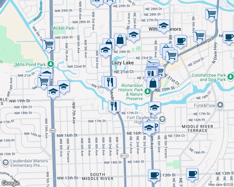 map of restaurants, bars, coffee shops, grocery stores, and more near 1920 Northeast 1st Terrace in Wilton Manors
