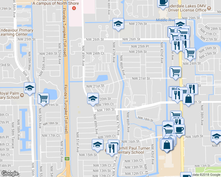 map of restaurants, bars, coffee shops, grocery stores, and more near 2070 Northwest 47th Terrace in Lauderhill