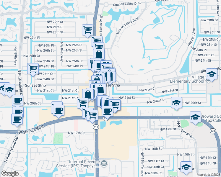 map of restaurants, bars, coffee shops, grocery stores, and more near 2179 Northwest 81st Terrace in Sunrise