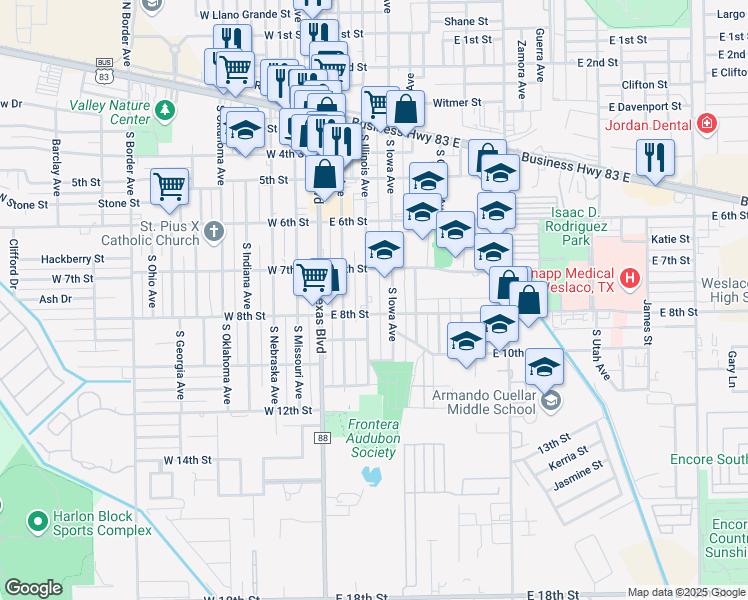 map of restaurants, bars, coffee shops, grocery stores, and more near 716 South Iowa Avenue in Weslaco