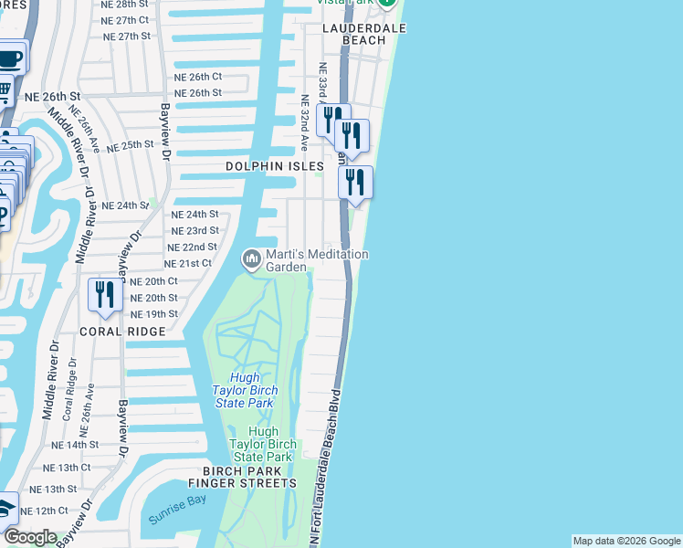 map of restaurants, bars, coffee shops, grocery stores, and more near 3329 Northeast 18th Street in Fort Lauderdale