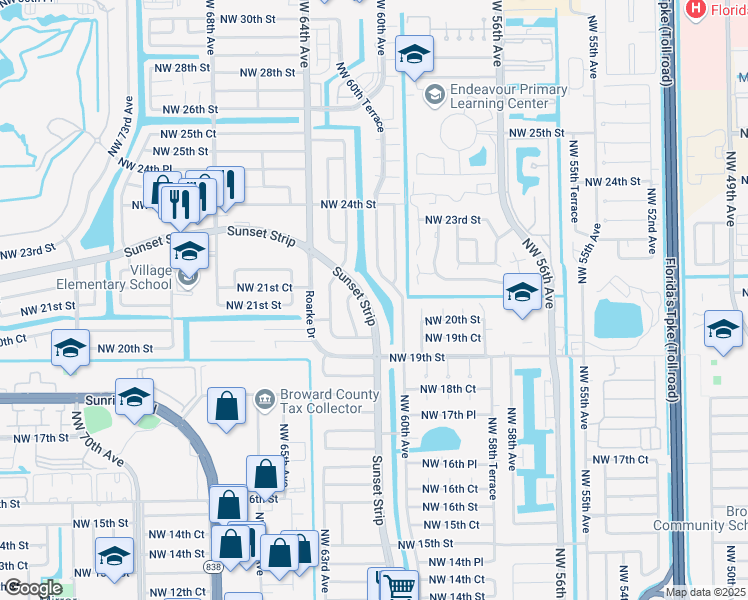 map of restaurants, bars, coffee shops, grocery stores, and more near 2106 Northwest 61st Avenue in Sunrise