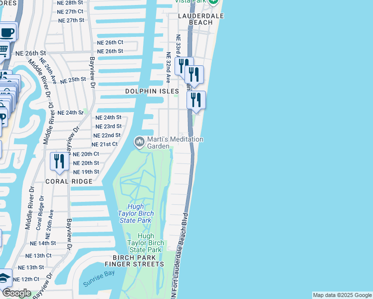 map of restaurants, bars, coffee shops, grocery stores, and more near 3329 Northeast 18th Street in Fort Lauderdale