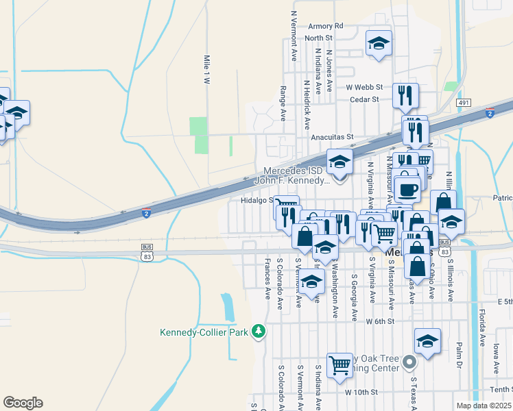 map of restaurants, bars, coffee shops, grocery stores, and more near 142 Michigan Avenue in Mercedes