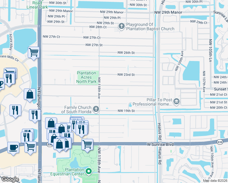 map of restaurants, bars, coffee shops, grocery stores, and more near 11600 Northwest 21st Street in Plantation