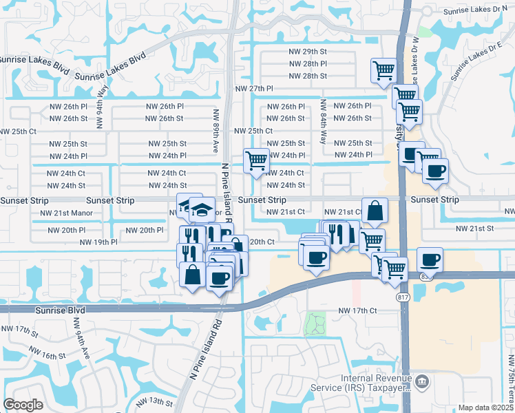 map of restaurants, bars, coffee shops, grocery stores, and more near 2181 Northwest 87th Avenue in Sunrise