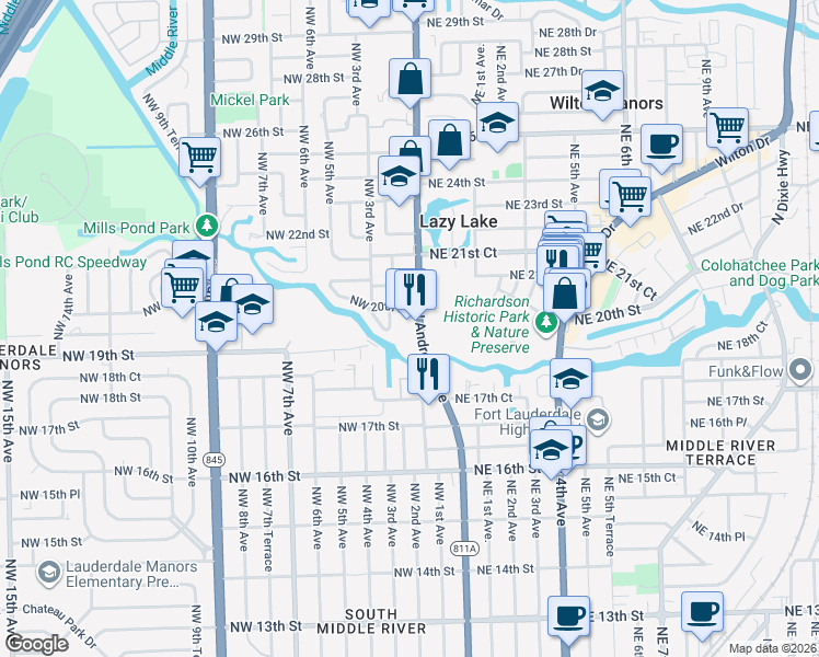 map of restaurants, bars, coffee shops, grocery stores, and more near 1909 North Andrews Avenue in Wilton Manors