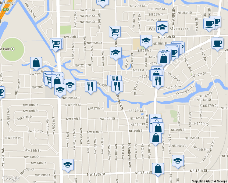 map of restaurants, bars, coffee shops, grocery stores, and more near 1905 North Andrews Avenue in Wilton Manors