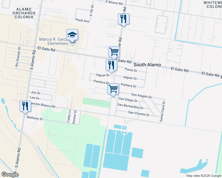 map of restaurants, bars, coffee shops, grocery stores, and more near 2406 South Tower Road in Alamo