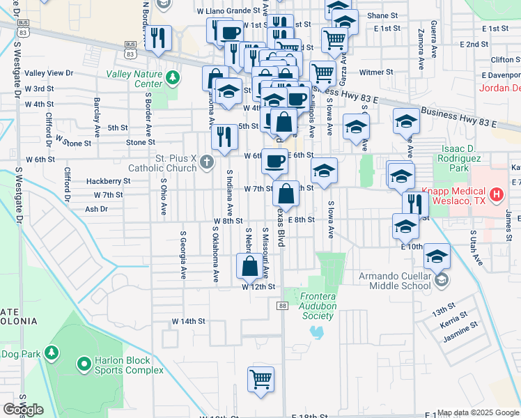 map of restaurants, bars, coffee shops, grocery stores, and more near 716 S Missouri Ave in Weslaco