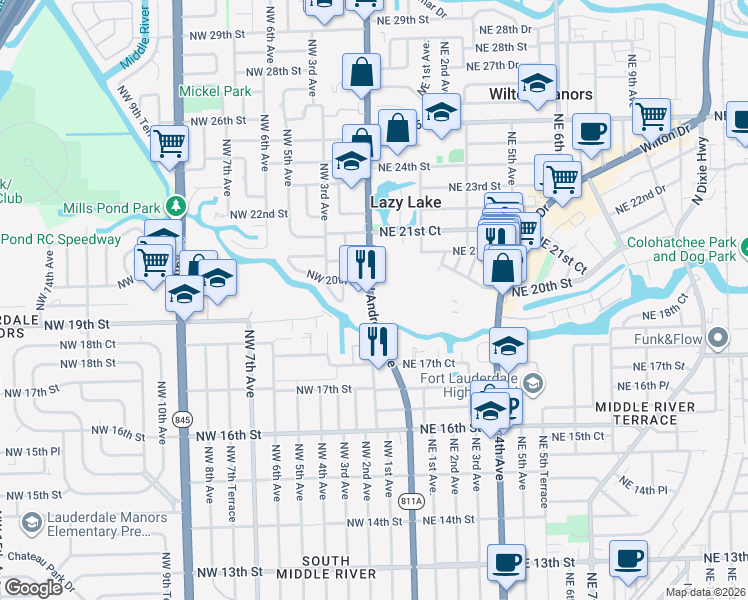 map of restaurants, bars, coffee shops, grocery stores, and more near 1950 North Andrews Avenue in Wilton Manors
