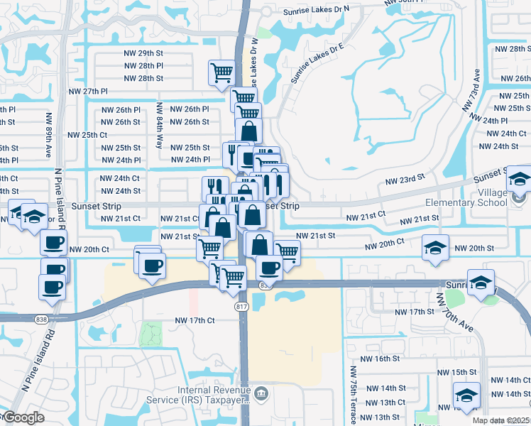 map of restaurants, bars, coffee shops, grocery stores, and more near 2160 Northwest 82nd Way in Sunrise
